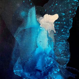 Clara Berta, Seeing the Night, Acrylic on canvas, 40 x 30 in. Abstract Art painting with vibrant blue and white hues on a black background, with bursting and flowing shapes and textures creating a dynamic, organic composition with a celestial look