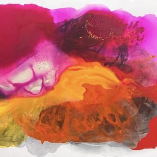 Clara Berta, Desert Blossom, Acrylic on canvas, 48 x 72 in. Abstract painting by Clara Berta with vibrant pink, red, and yellow tones in flowing organic layers of paint in the centre with a white background