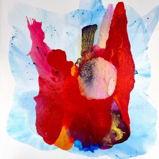 Clara Berta, Sunrise in Gold, Acrylic on canvas, 60 x 60 in. Abstract painting by Clara Berta with layers of vibrant blue, red and gold tones in flowing and bursting organic forms radiating from the centre in the centre with a white background