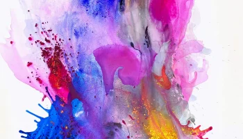 Vibrant 60x60 abstract expressionist painting titled Burst of Color by artist Clara Berta, featuring fluid blooms of magenta, cobalt blue, and violet paint surrounded by expansive white negative space.
