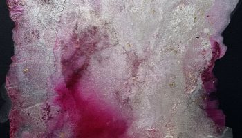A 40x30 inch custom floral painting titled Dahlia 2 commission, showcasing intricate textures and a delicate pearl finish.