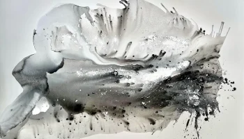 Large-scale modern abstract art titled Radiant Night by Clara Berta; 48x72-inch acrylic on canvas featuring explosive white and silver textures against a shimmering, pearlescent Black Pearl background with fluid motion.