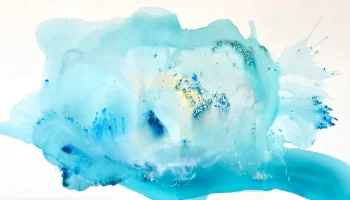 A horizontal 48x80 abstract artwork featuring fluid washes of translucent turquoise and teal. The center blends into a warm cream glow accented with vibrant blue splashes and shimmering gold glitter.